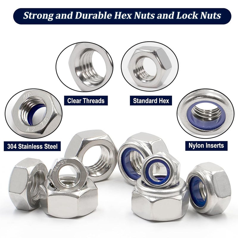 ZQZ 360 Pack Metric Hex Nuts & Locknuts Assortment Kit，M3 M4 M5 M6 M8 M10 M12 304 Stainless Steel Assorted Nylon Insert Lock Nuts Sets，Standard Thread Nylock Nuts - Image 3